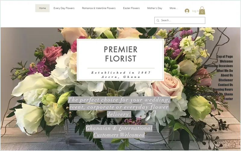 Website screenshot of Premier Florist Accra Ghana