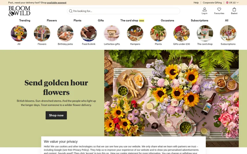 Website screenshot of Bloom & Wild
