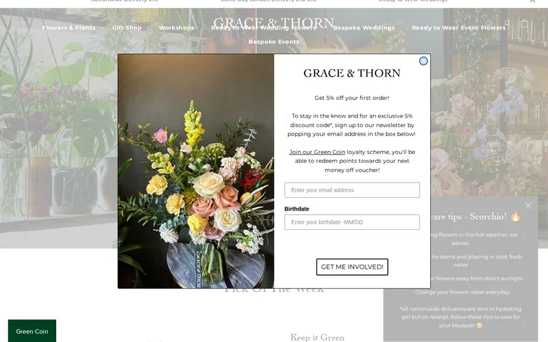 Website screenshot of Grace & Thorn