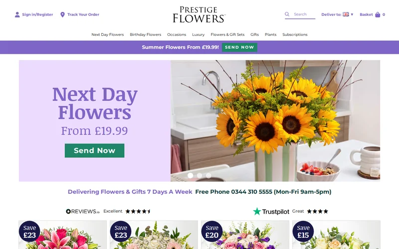 Website screenshot of Prestige Flowers