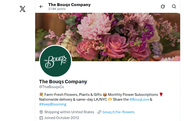 Official X profile screenshot of The Bouqs Company