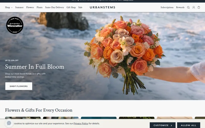 Website screenshot of UrbanStems
