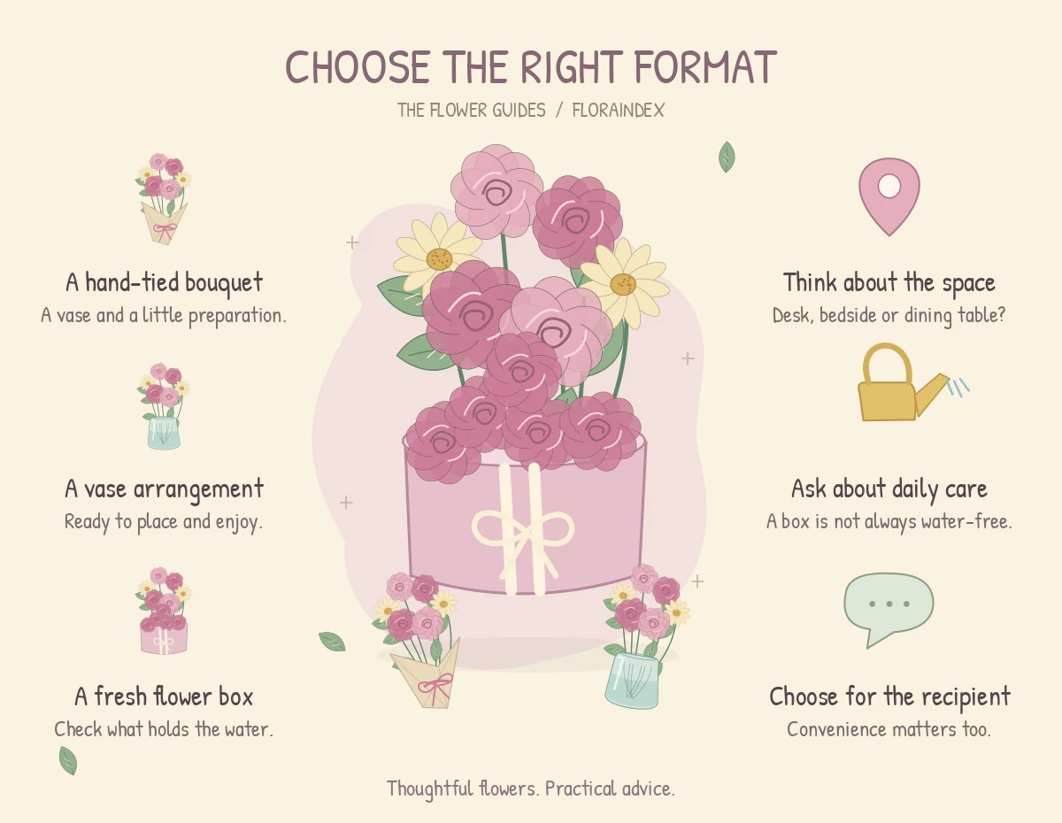 Choose The Right Format: an illustrated reminder of a hand-tied bouquet, a vase arrangement, a fresh flower box, think about the space, ask about daily care, choose for the recipient.