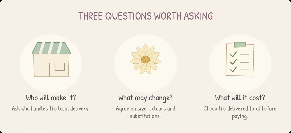 Three Questions Worth Asking: Who will make it? — Ask who handles the local delivery; What may change? — Agree on size, colours and substitutions; What will it cost? — Check the delivered total before paying.