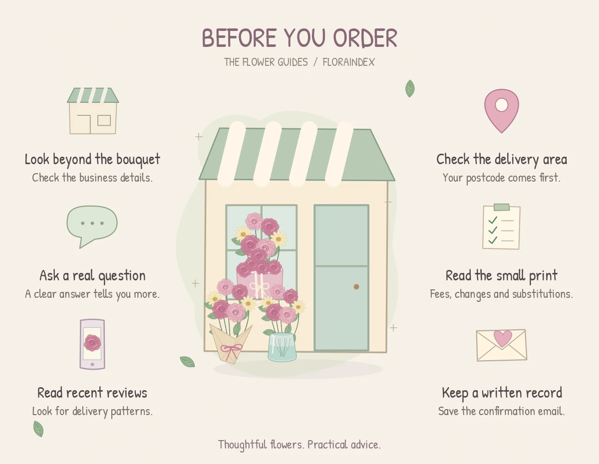 Before You Order: an illustrated reminder of look beyond the bouquet, ask a real question, read recent reviews, check the delivery area, read the small print, keep a written record.