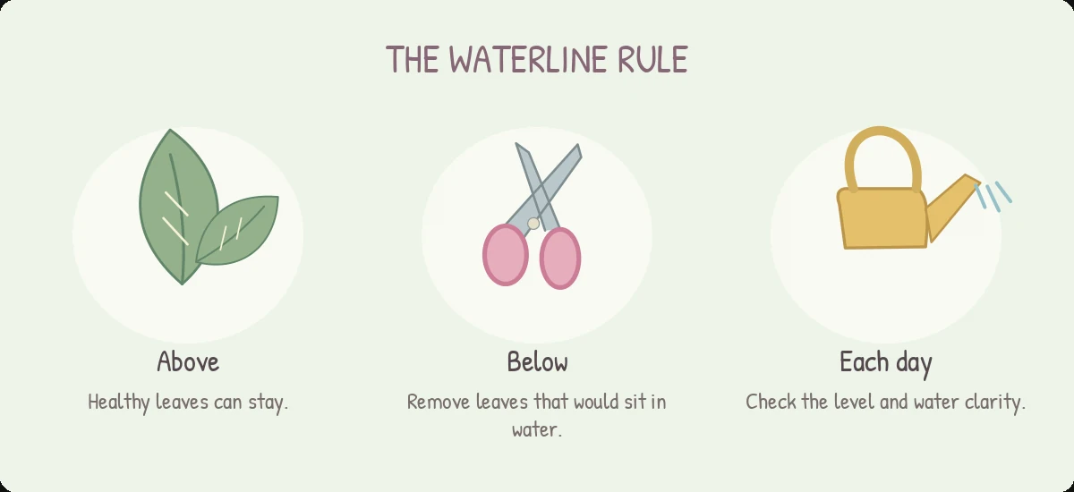 The Waterline Rule: Above — Healthy leaves can stay; Below — Remove leaves that would sit in water; Each day — Check the level and water clarity.