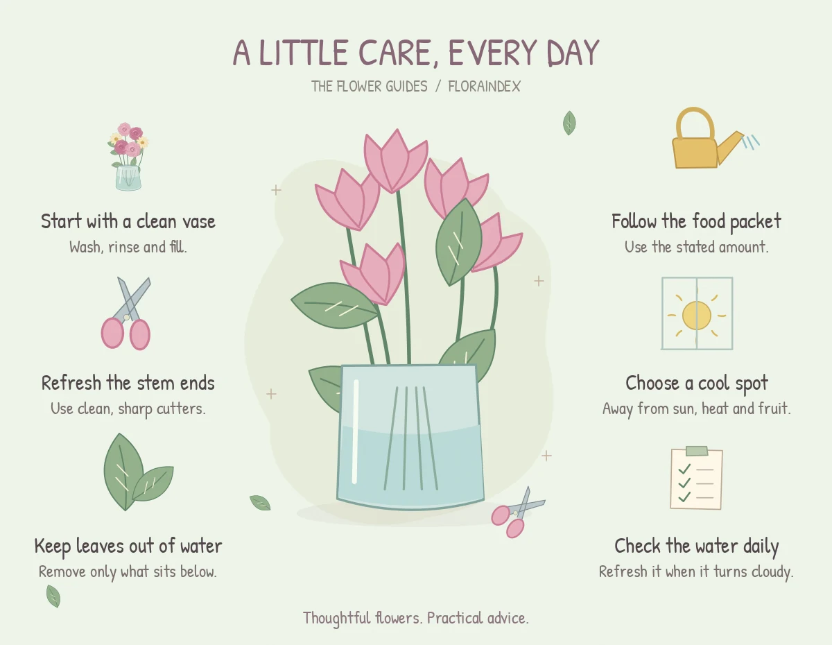 A Little Care, Every Day: an illustrated reminder of start with a clean vase, refresh the stem ends, keep leaves out of water, follow the food packet, choose a cool spot, check the water daily.