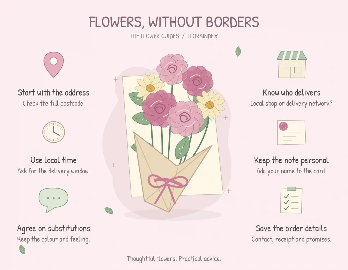 Flowers, Without Borders: an illustrated reminder of start with the address, use local time, agree on substitutions, know who delivers, keep the note personal, save the order details.