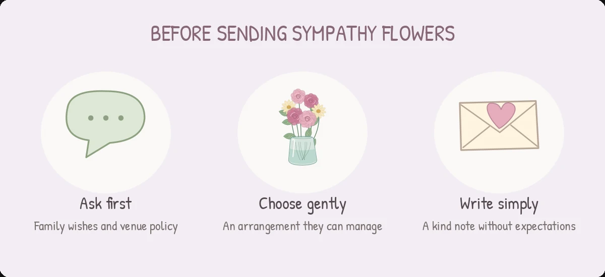 Before Sending Sympathy Flowers: Ask first — Family wishes and venue policy; Choose gently — An arrangement they can manage; Write simply — A kind note without expectations.