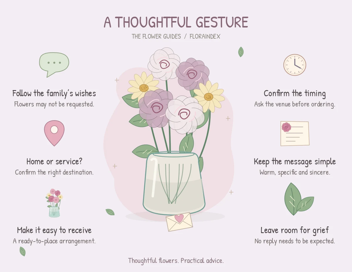 A Thoughtful Gesture: an illustrated reminder of follow the family’s wishes, home or service?, make it easy to receive, confirm the timing, keep the message simple, leave room for grief.