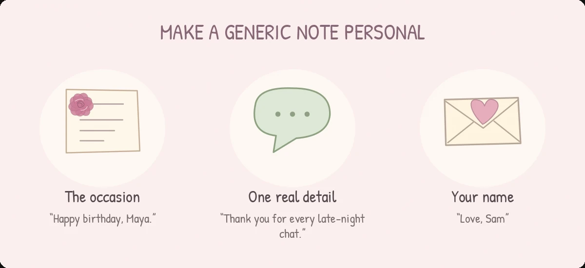 Make A Generic Note Personal: The occasion — “Happy birthday, Maya.”; One real detail — “Thank you for every late-night chat.”; Your name — “Love, Sam”.