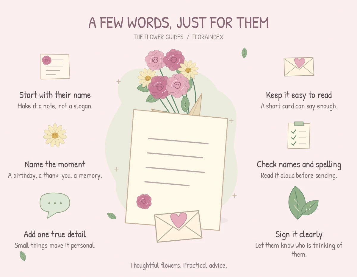 A Few Words, Just For Them: an illustrated reminder of start with their name, name the moment, add one true detail, keep it easy to read, check names and spelling, sign it clearly.